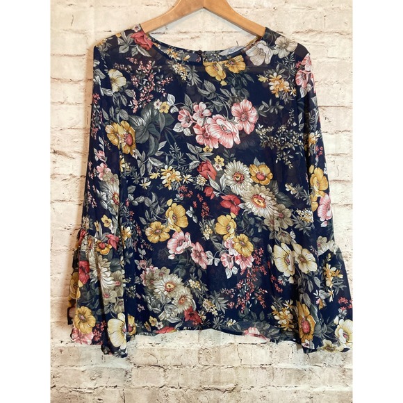 Arianna By Howard's Top Womens Large Navy Floral Bell Sleeve Semi Sheer Romantic - Picture 1 of 15